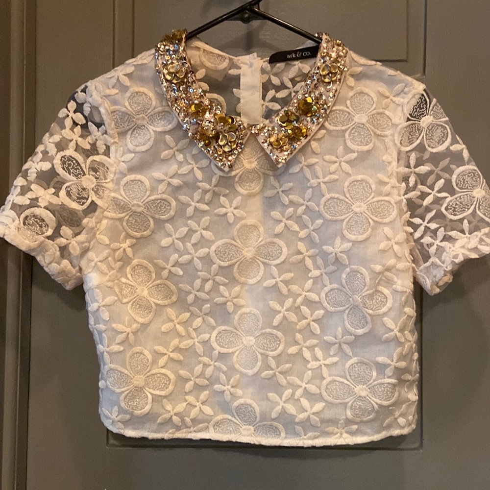 Ark & Co Sequin Peter Pan Collar Floral Embroidered Lined Crop Top Size Small